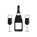 Champagne wine bottle icon with two glasses. Line silhouette. New Year, wedding celebration symbol. Vector illustration. Royalty Free Stock Photo